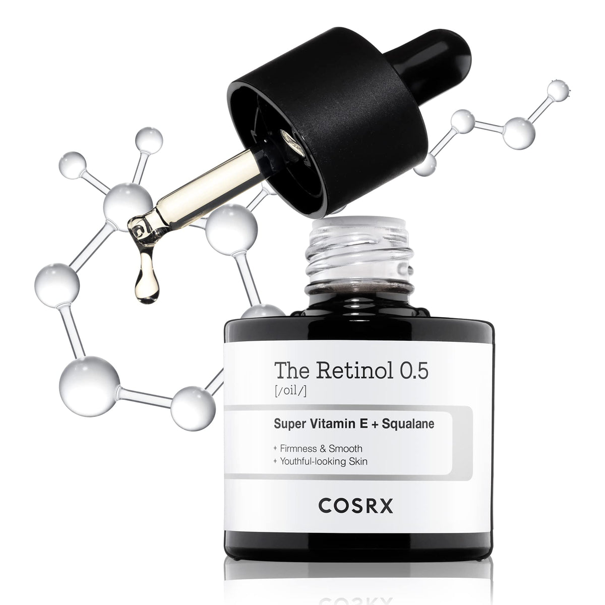 COSRX Retinol 0.5 Oil bottle highlights anti-aging skincare for smoother skin.