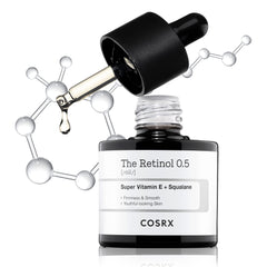 COSRX Retinol 0.5 Oil bottle highlights anti-aging skincare for smoother skin.