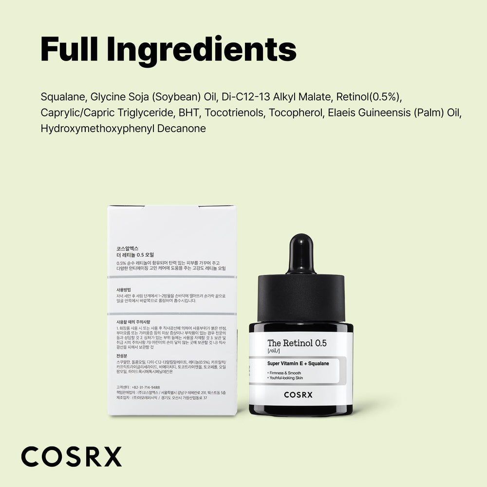 COSRX Retinol 0.5 Oil box spine shows compact travel-friendly packaging.