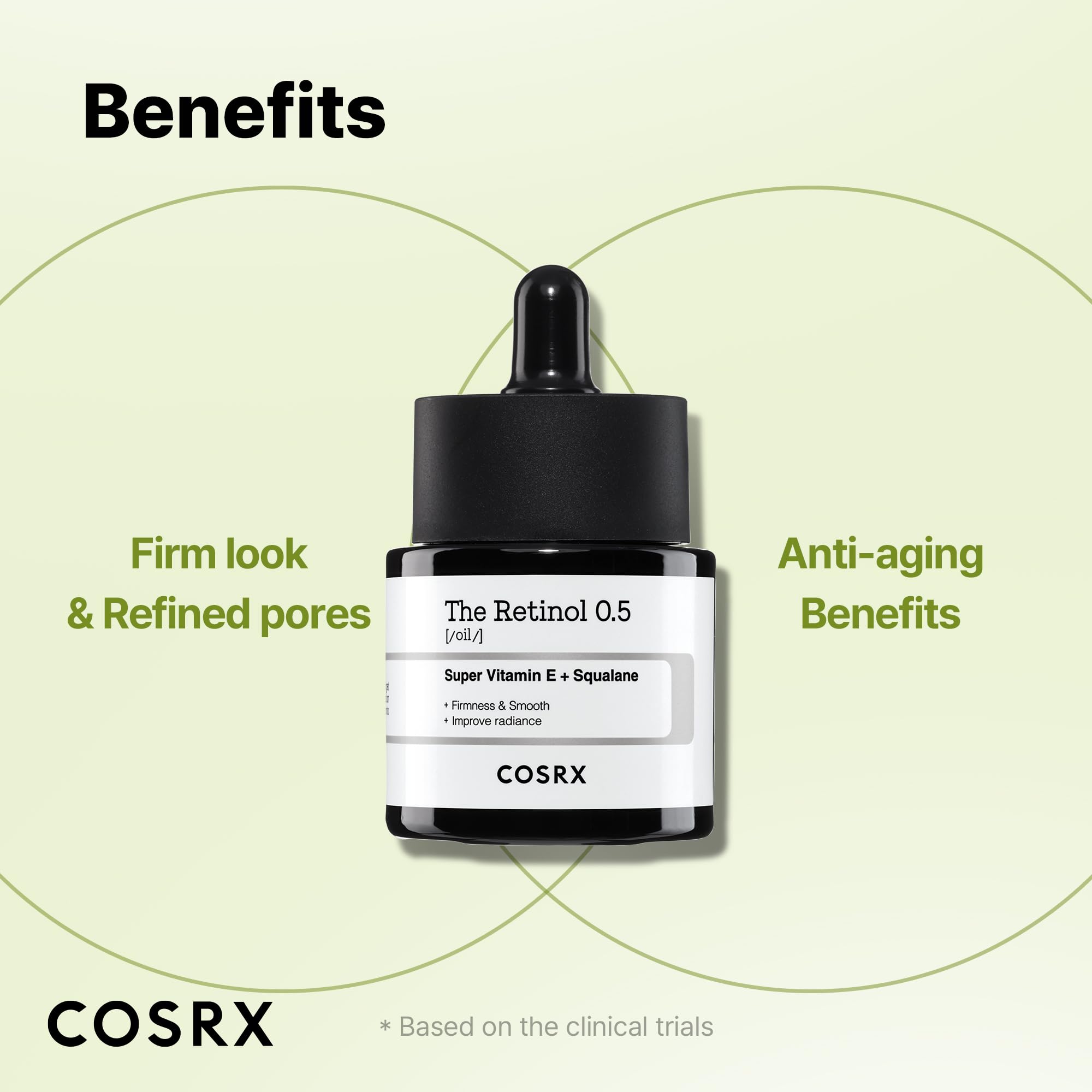 COSRX Retinol 0.5 Oil ingredient icon highlights squalane and tocotrienol benefits.