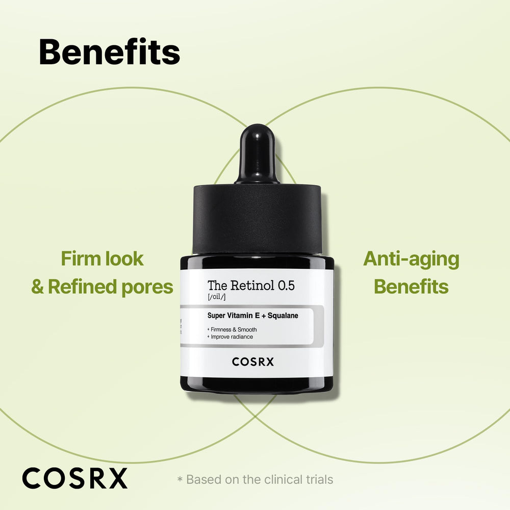COSRX Retinol 0.5 Oil ingredient icon highlights squalane and tocotrienol benefits.