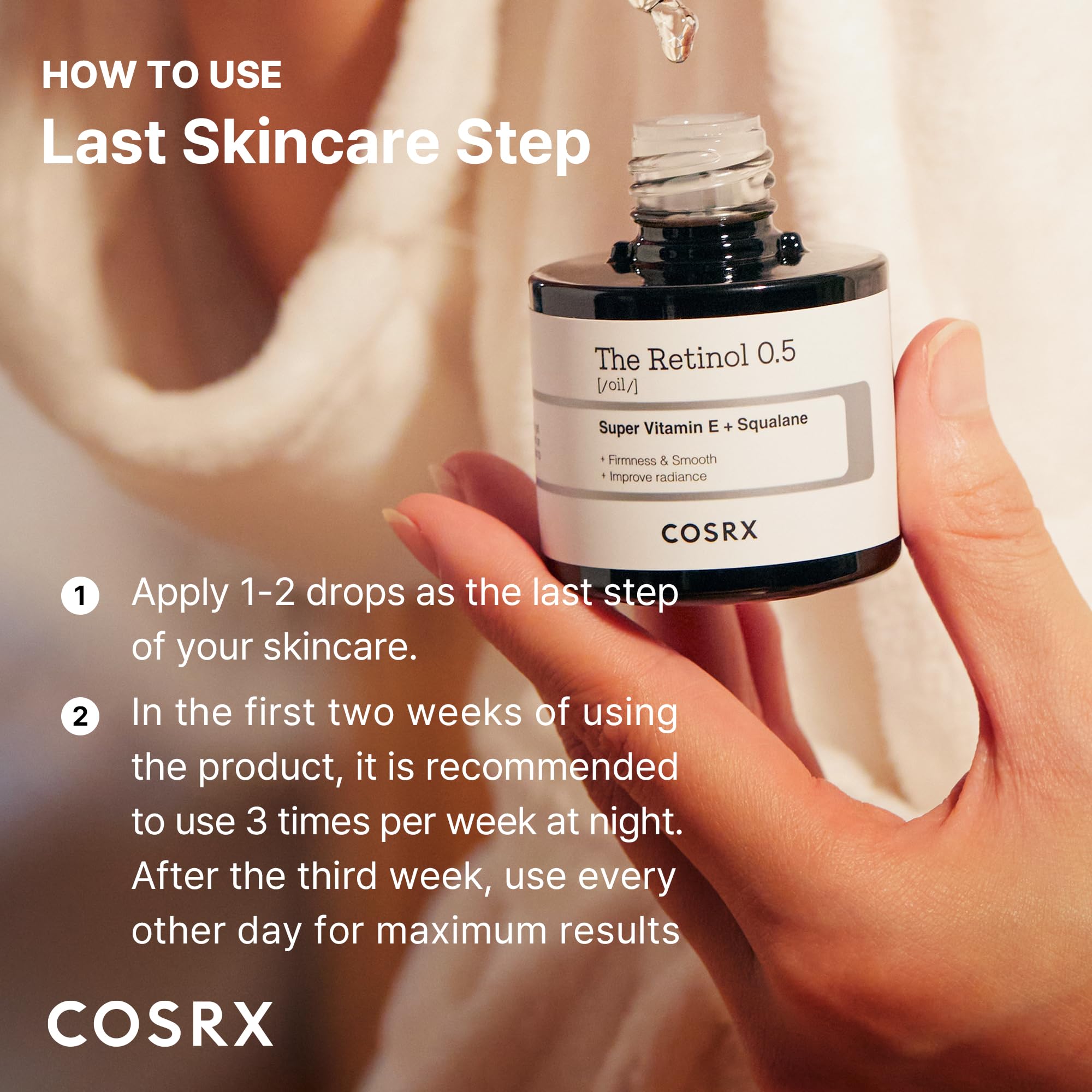 COSRX Retinol 0.5 Oil packaging reflects cruelty-free, paraben-free credentials.