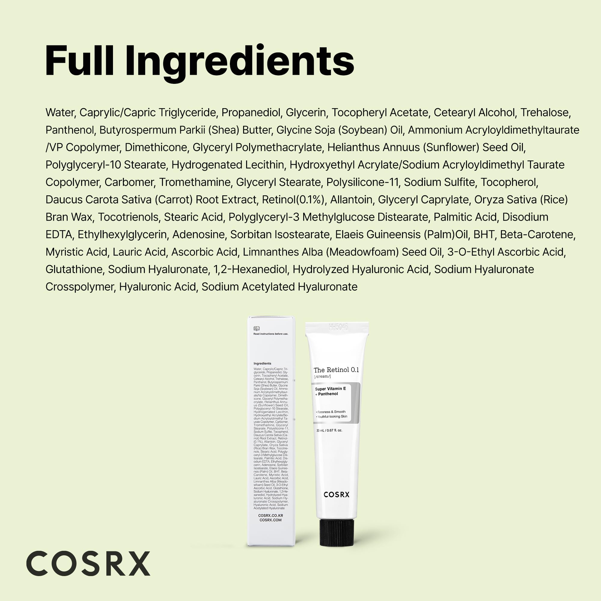 COSRX Retinol 0.1% Cream packaging noted as dermatologist-tested.