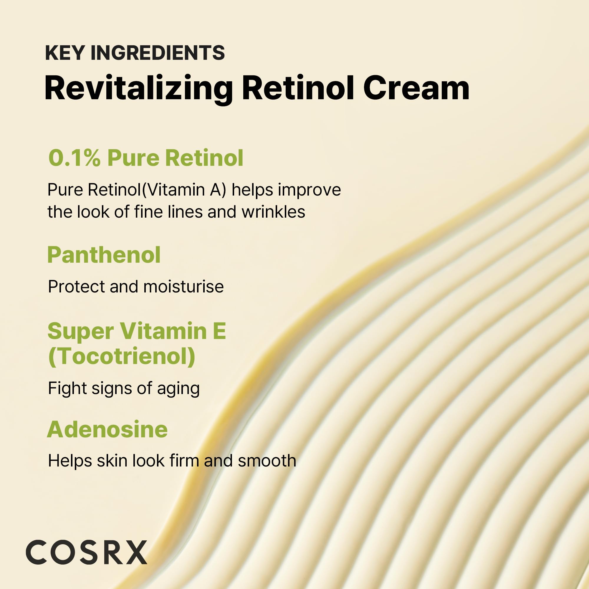COSRX Retinol 0.1% Cream texture closeup highlighting creamy consistency.