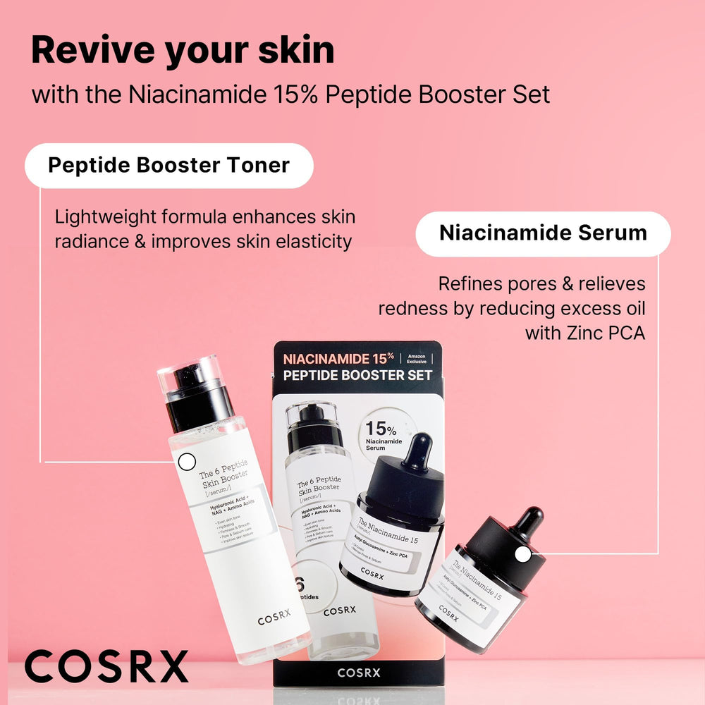 COSRX Skin Booster Peptide Toner closeup emphasizes elasticity and radiance.