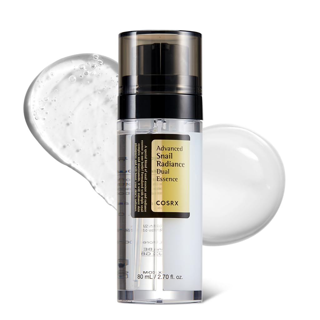 COSRX Snail Mucin 74% dual-essence bottle showing lightweight hydration.