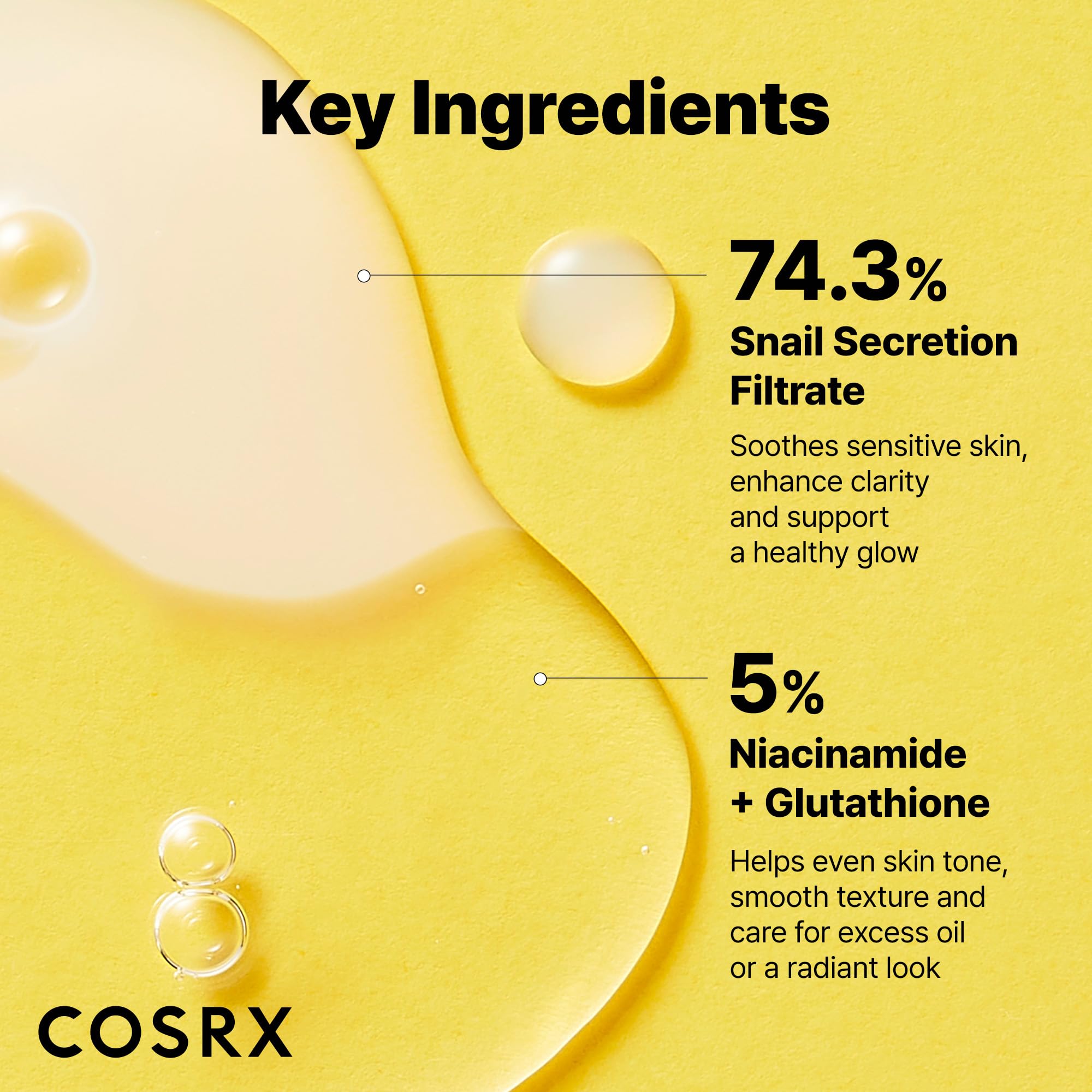 COSRX Snail Mucin 74% cream layer close-up hints barrier support and radiance.