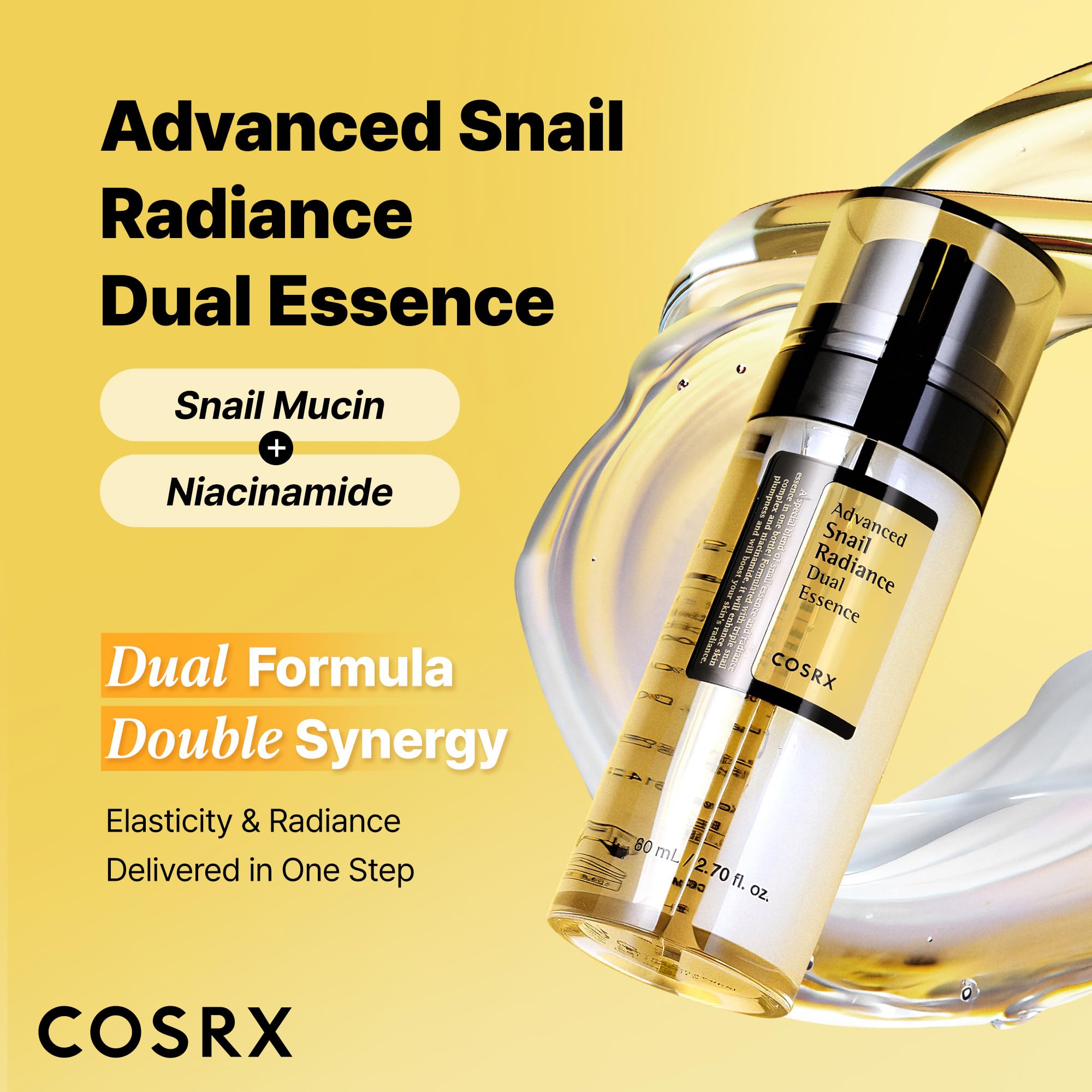 COSRX Snail Mucin 74% dual-essence pump close-up indicating easy dispensing.