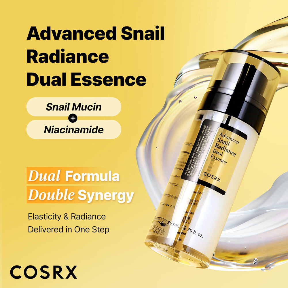 COSRX Snail Mucin 74% dual-essence pump close-up indicating easy dispensing.