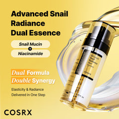 COSRX Snail Mucin 74% dual-essence pump close-up indicating easy dispensing.
