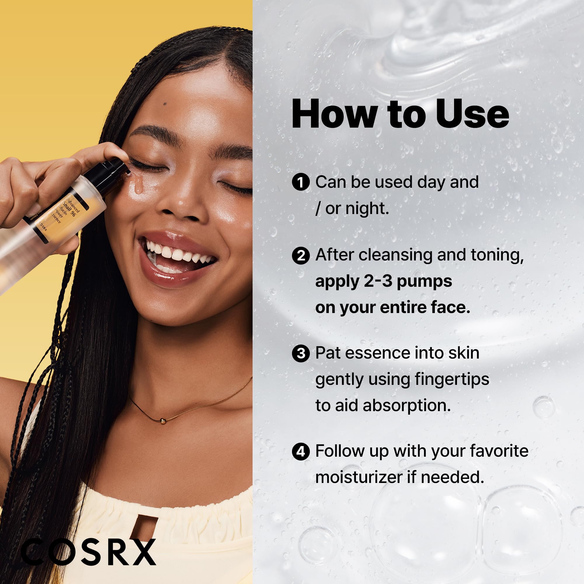 COSRX Snail Mucin application on face illustrates quick absorption