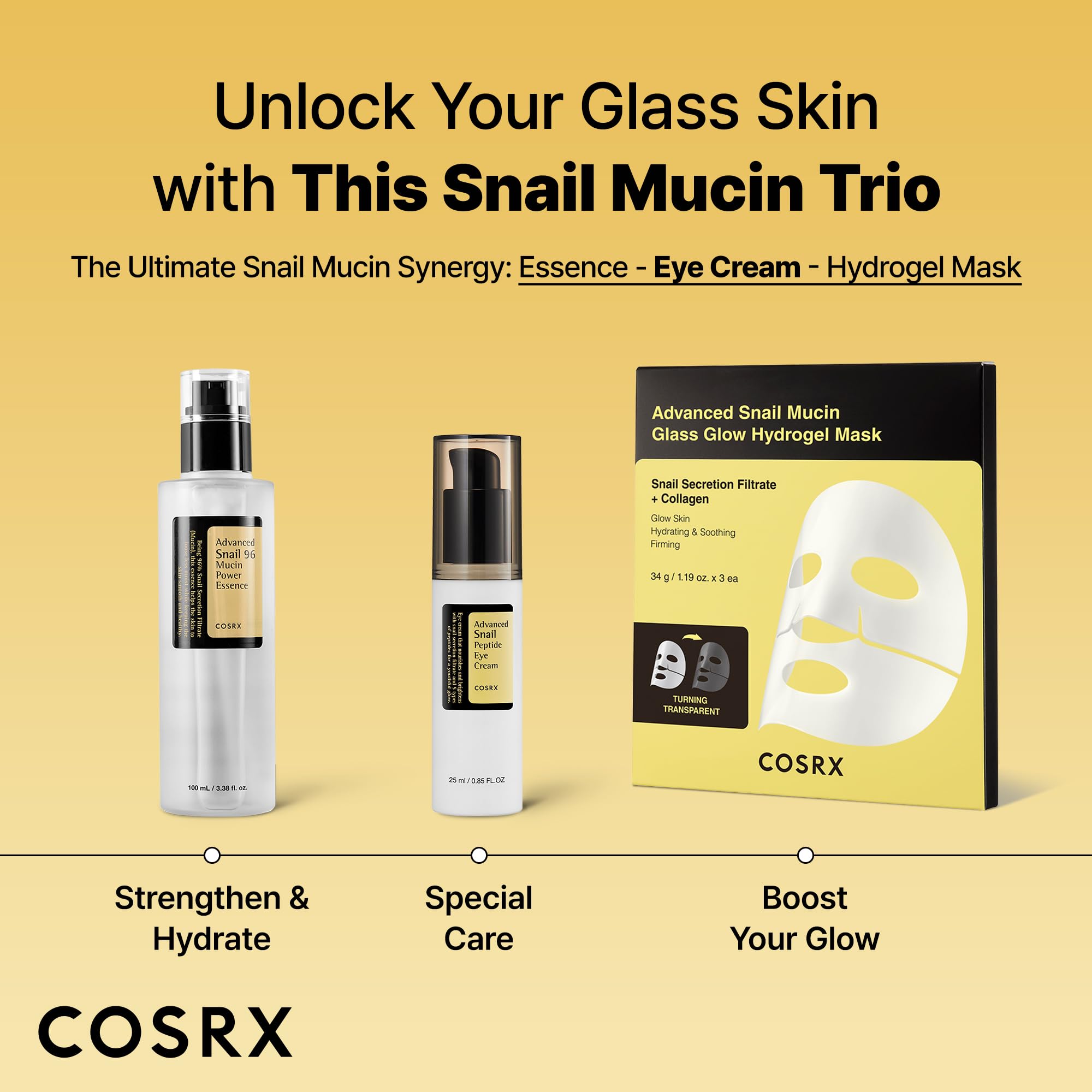 COSRX Snail Mucin Peptide Under Eye Cream before-after frame hints subtle glow.
