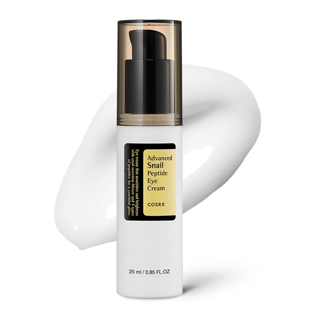 COSRX Snail Mucin Peptide Under Eye Cream packshot shows sleek tube for brightening and firming.