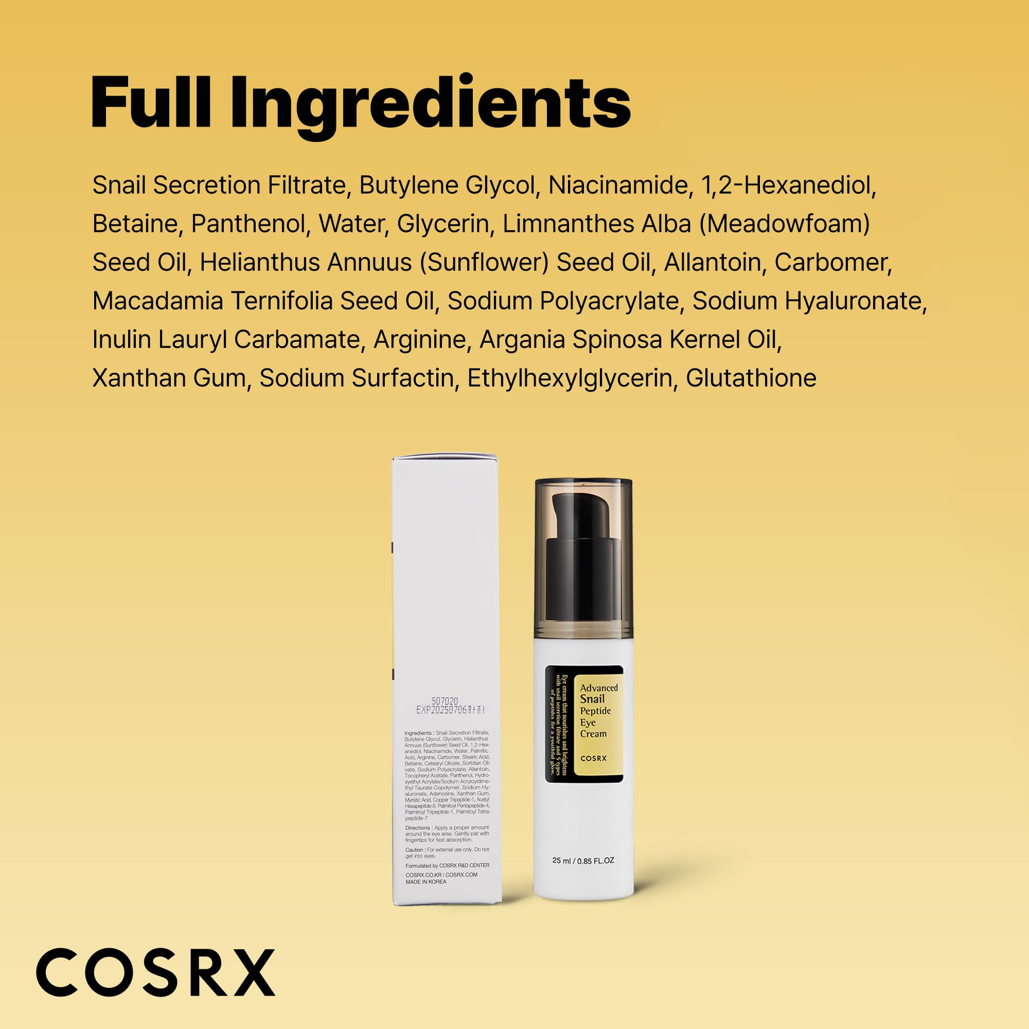 COSRX Snail Mucin Peptide Under Eye Cream vanity shot emphasizes portability as a gift option.
