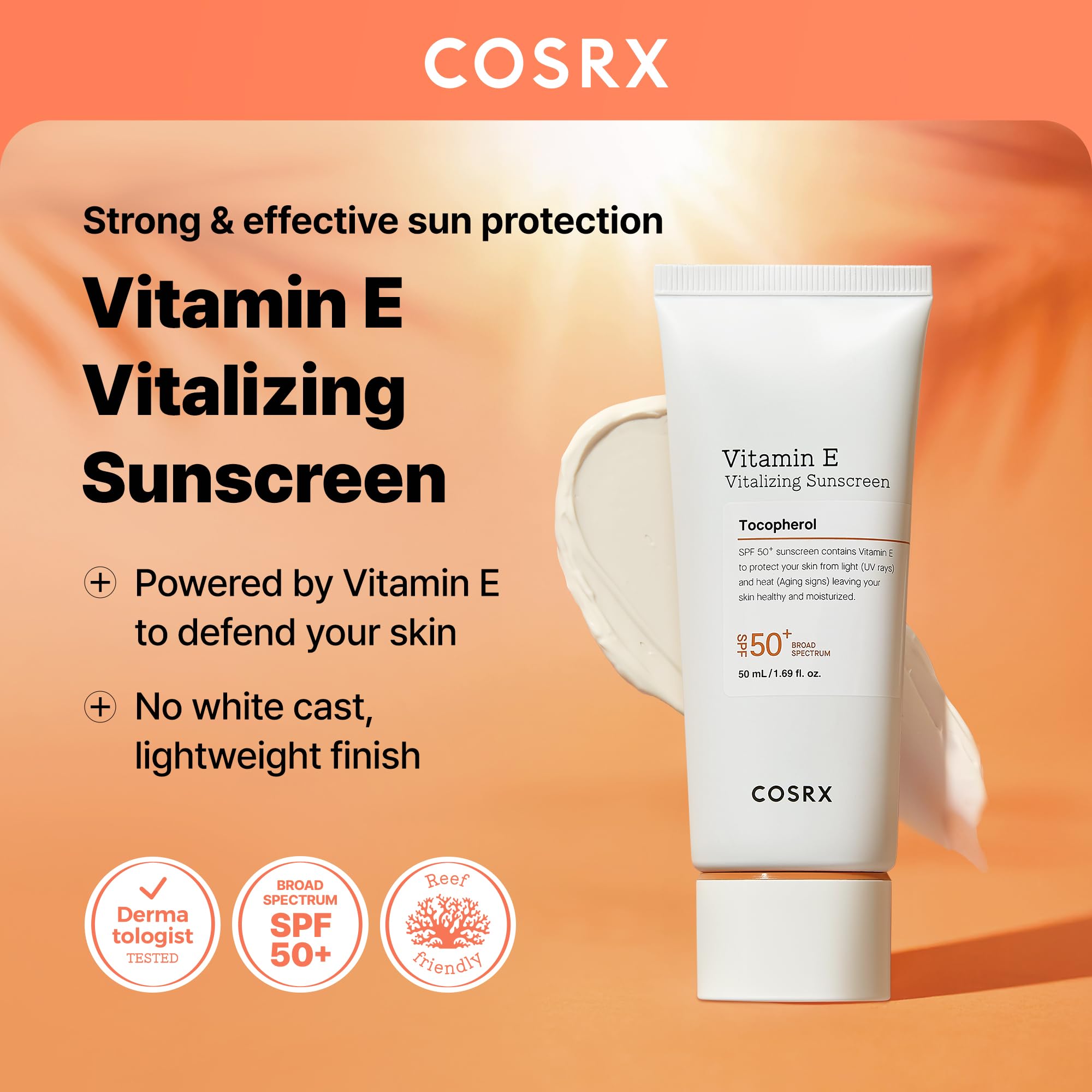 COSRX Vitamin E Sunscreen packaging box shown for gifting and travel planning