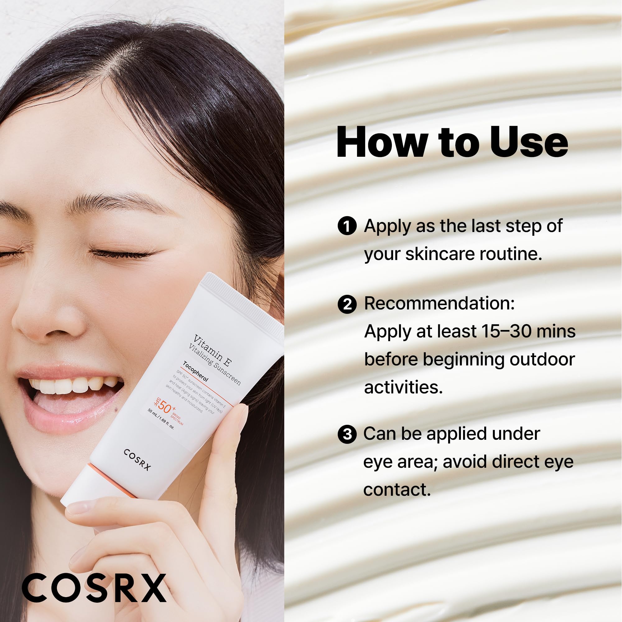 COSRX Vitamin E Sunscreen SPF50 offers broad UV protection for outdoor days