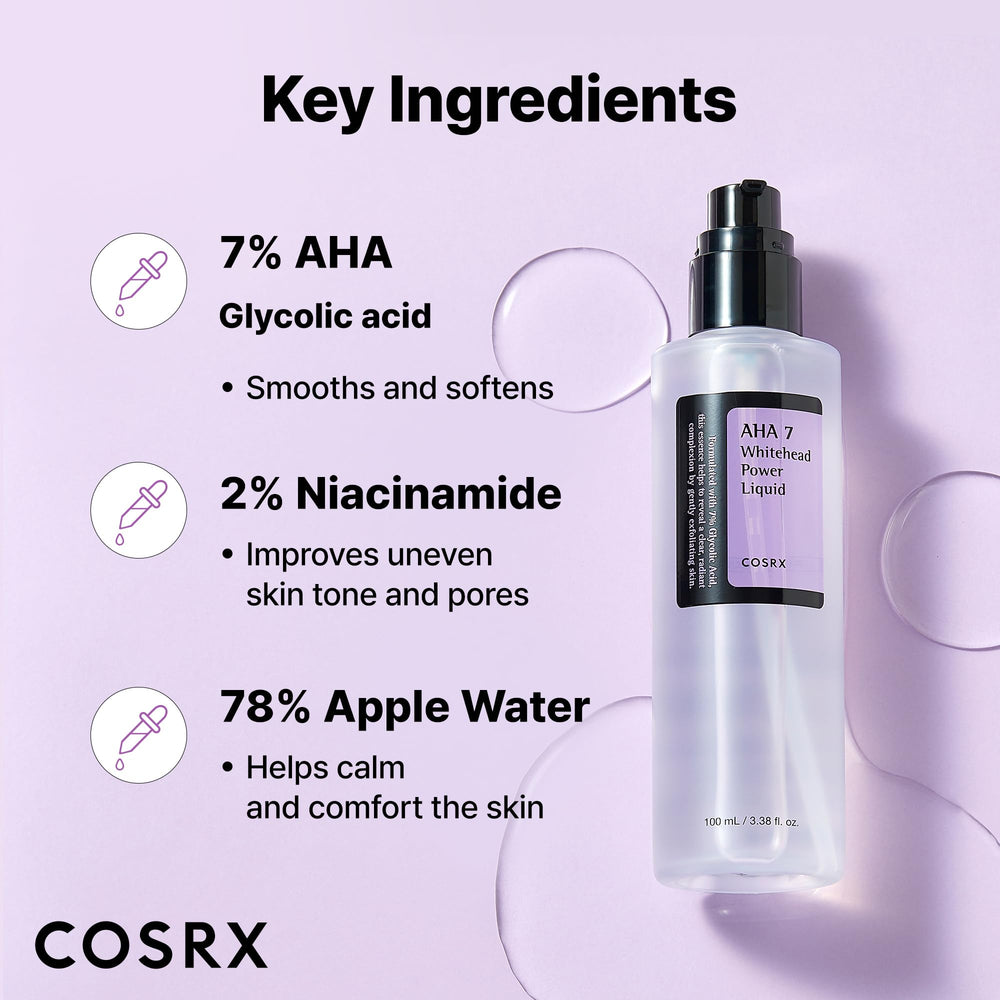 COSRX Whitehead Removal Liquid texture closeup highlights subtle pore smoothing.