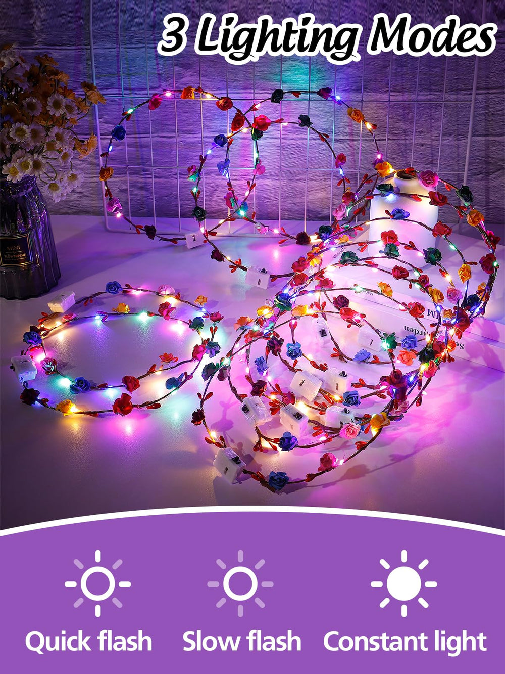 Cosweet LED crown close-up shows 10 LEDs through wrapped petals.