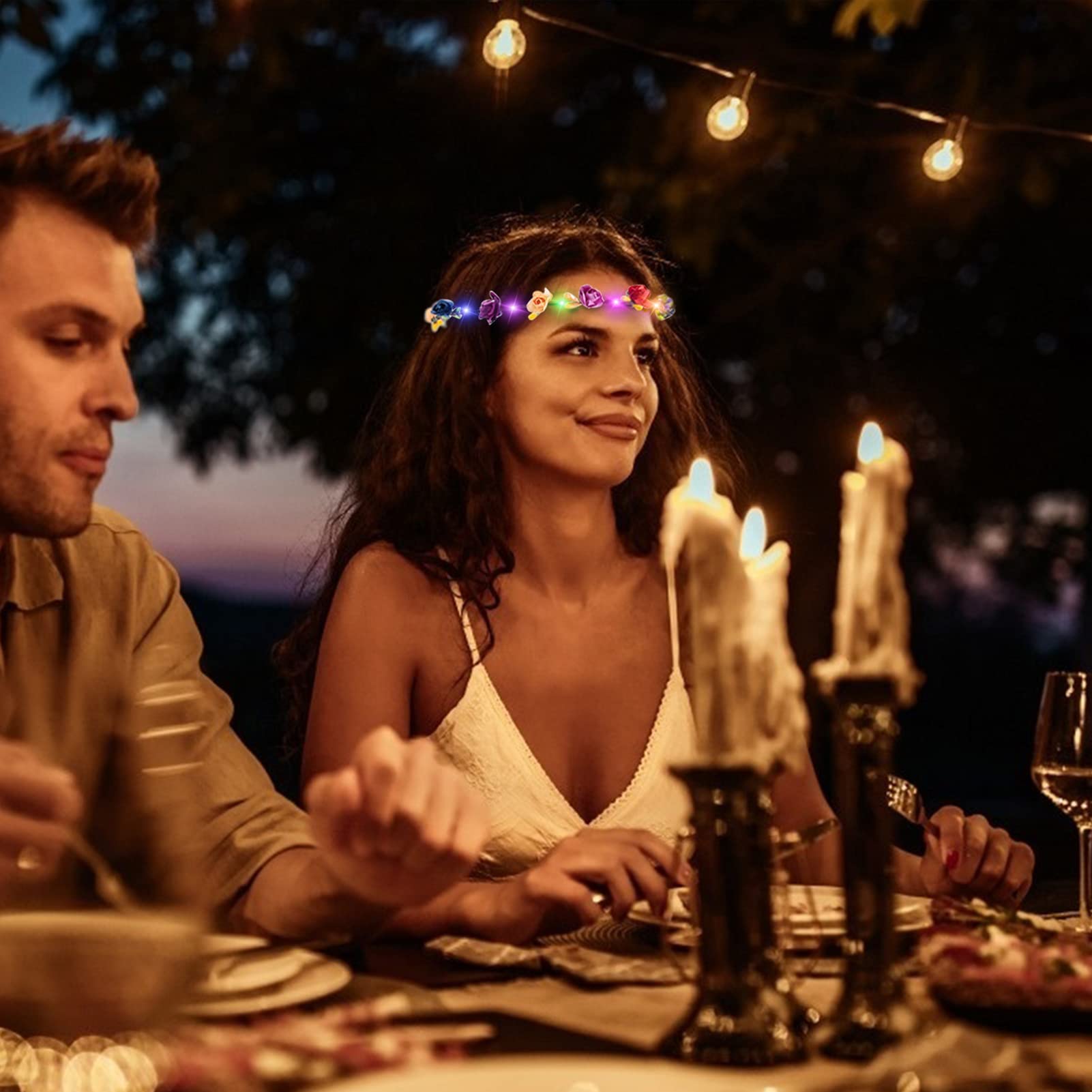 Cosweet LED flower crown for beach party, soft light along shoreline.