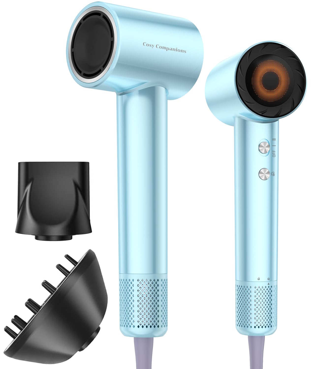 Cosy Companions hair dryer with 130000rpm motor for fast drying on thick or curly hair.
