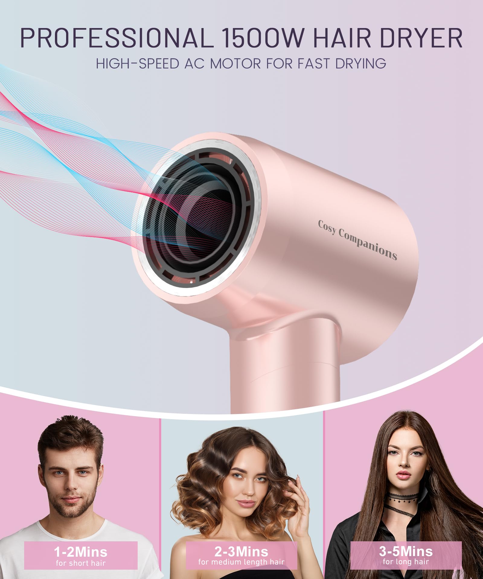 Cosy Companions low-noise hair dryer at 51dB for quiet mornings.