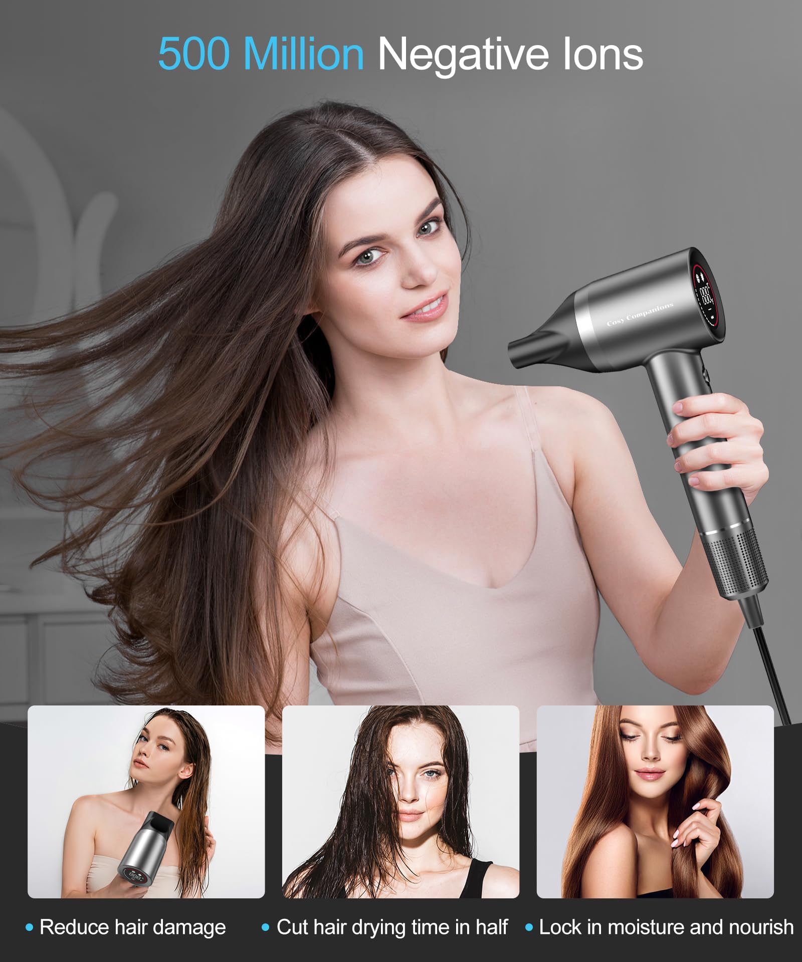 Cosy Companions hair dryer operates quietly at just 51dB for a peaceful experience.