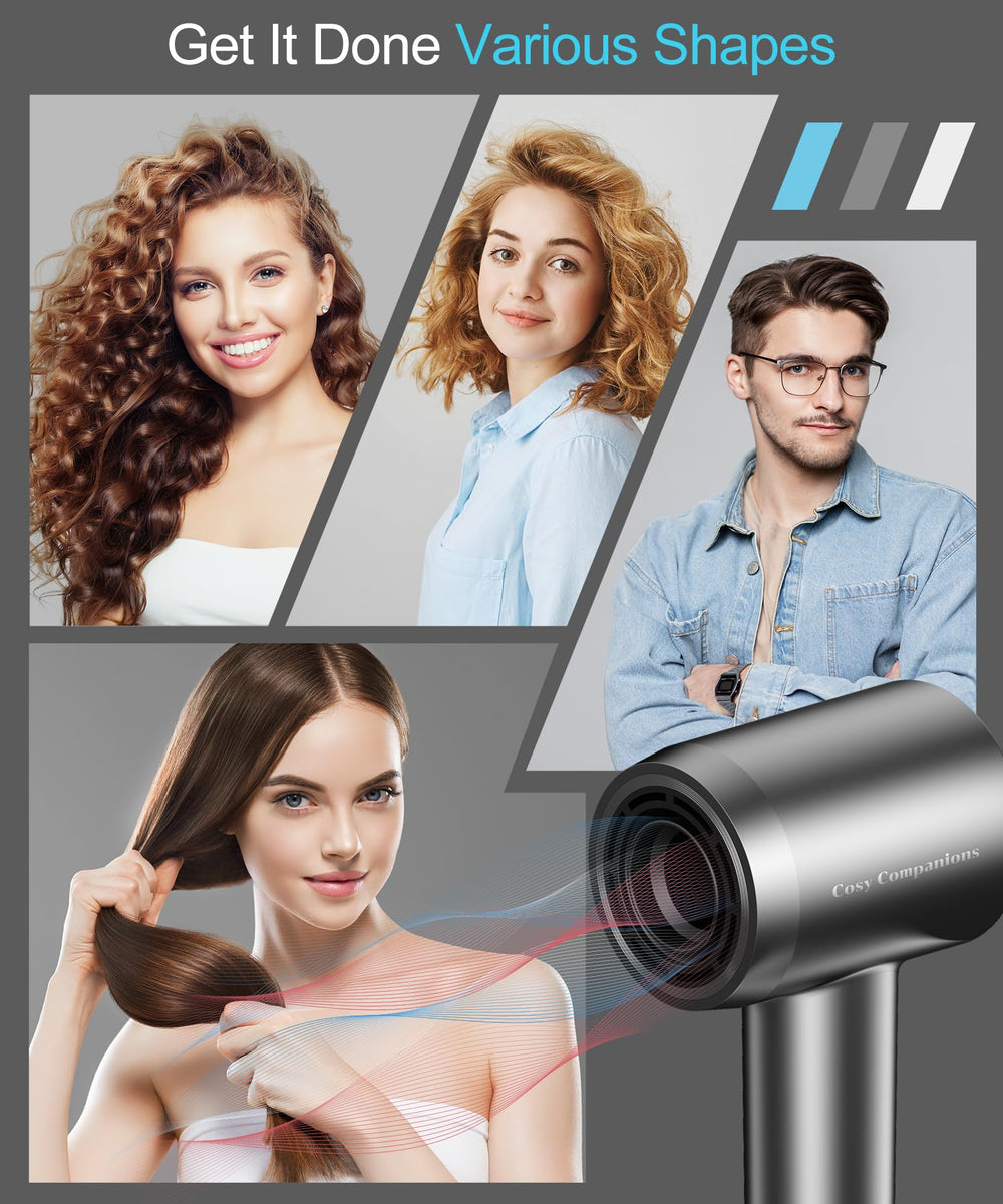Cosy Companions hair dryer highlighting its quiet operation for peaceful drying.