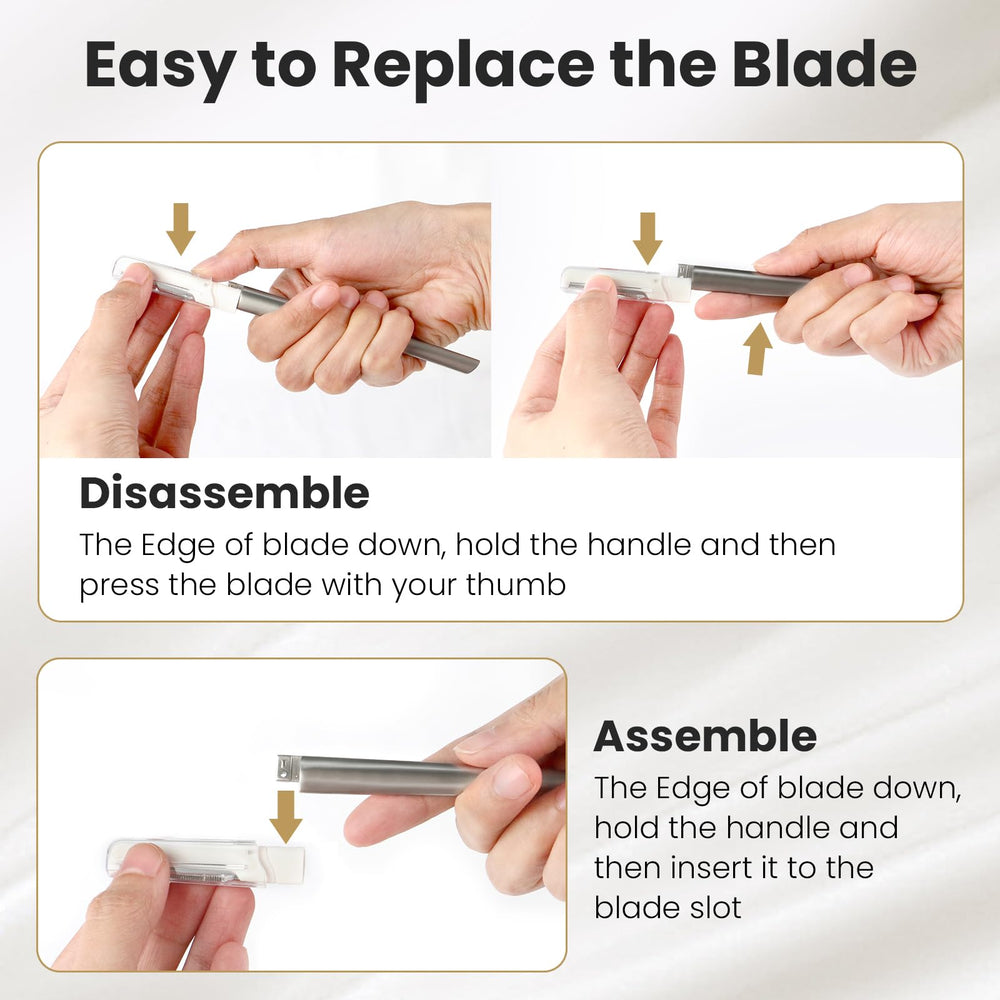 Cosylife dermaplaning tool in use demonstrates dry-skin precision technique.