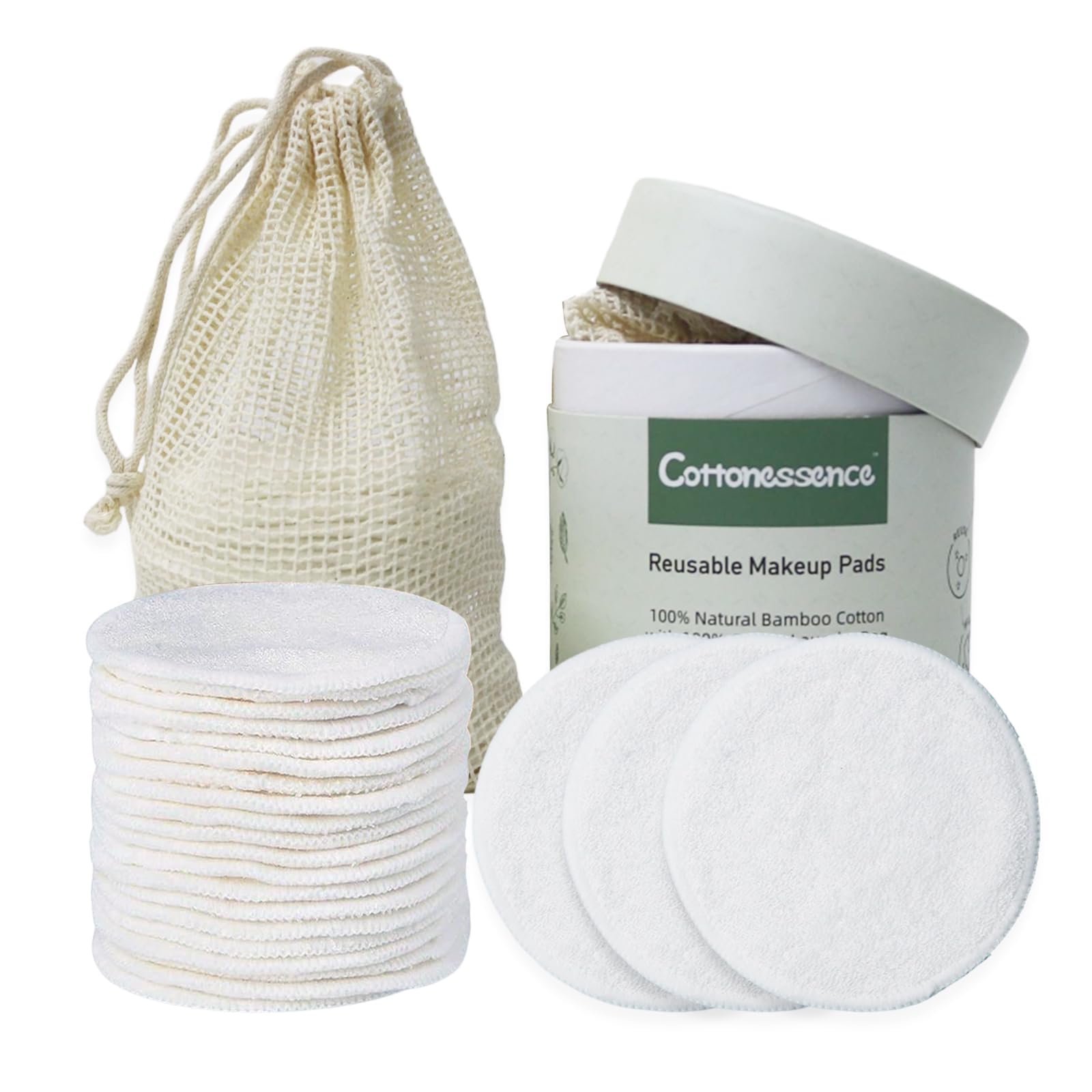 Cottonessence reusable makeup remover pads package shown with storage box for organized travel