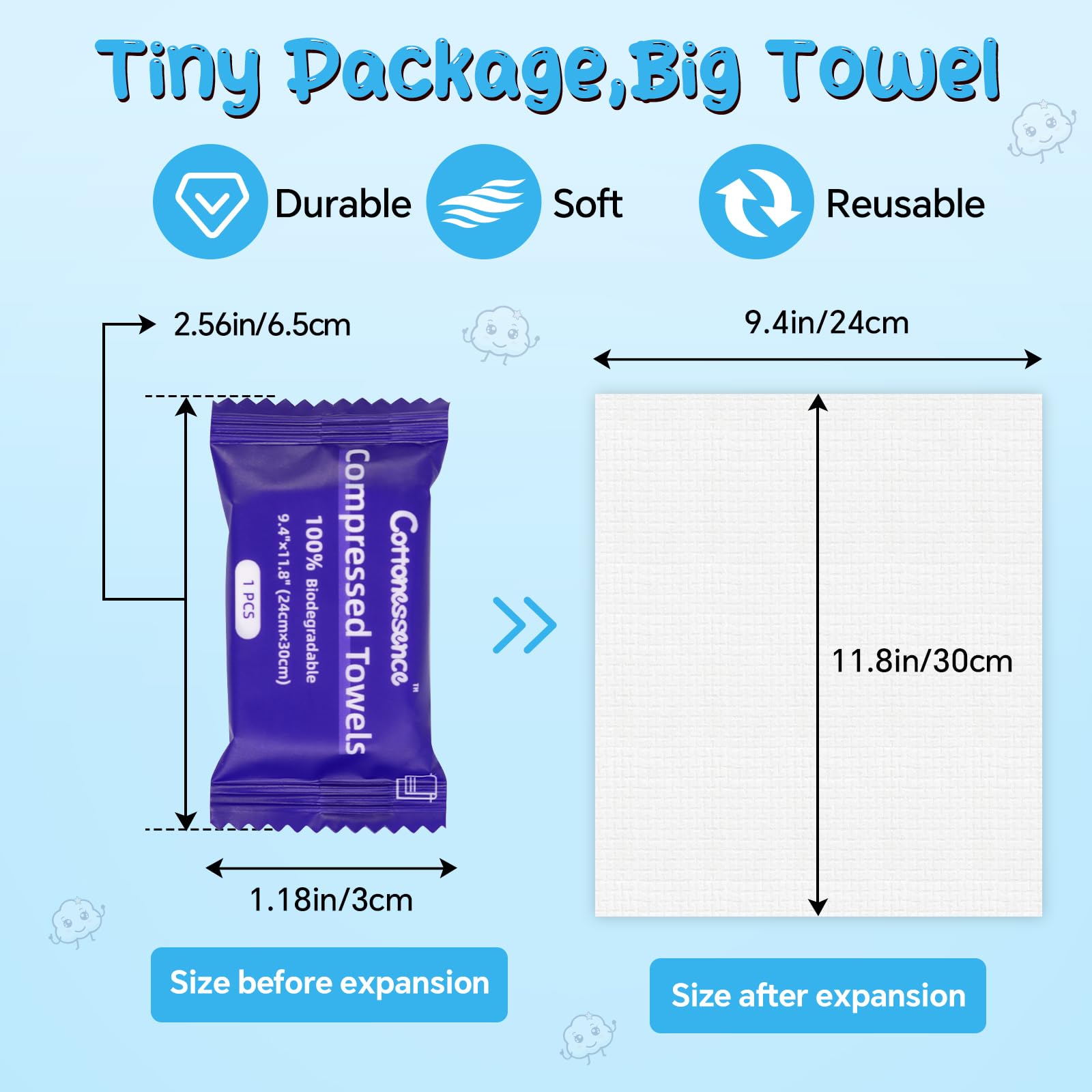 Toalla comprimida Cottonessence antes de expandirse, lista para uso rápido.