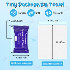 Toalla comprimida Cottonessence antes de expandirse, lista para uso rápido.