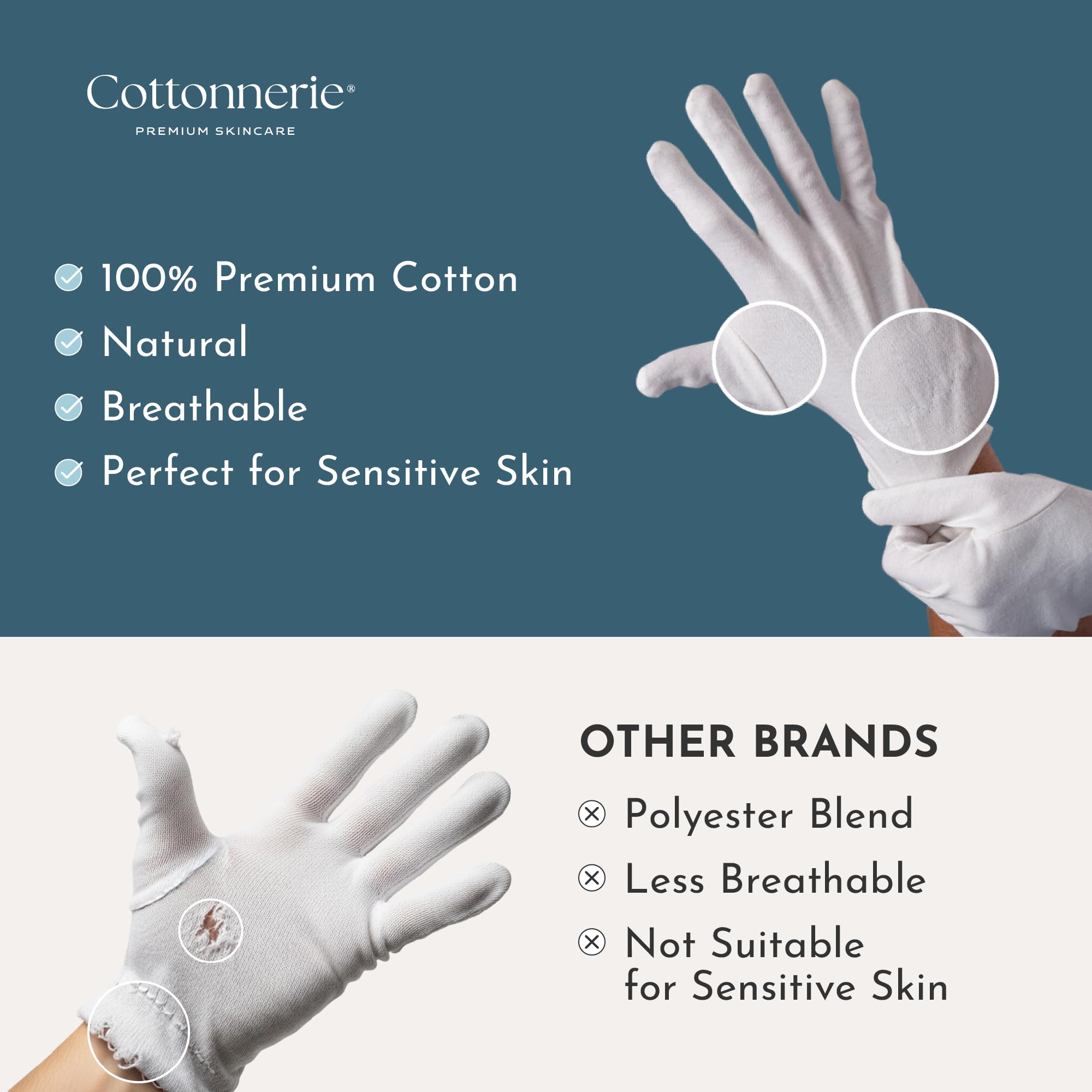 Cottonnerie gloves elastic wristband demonstrates secure, comfortable all-night wear.