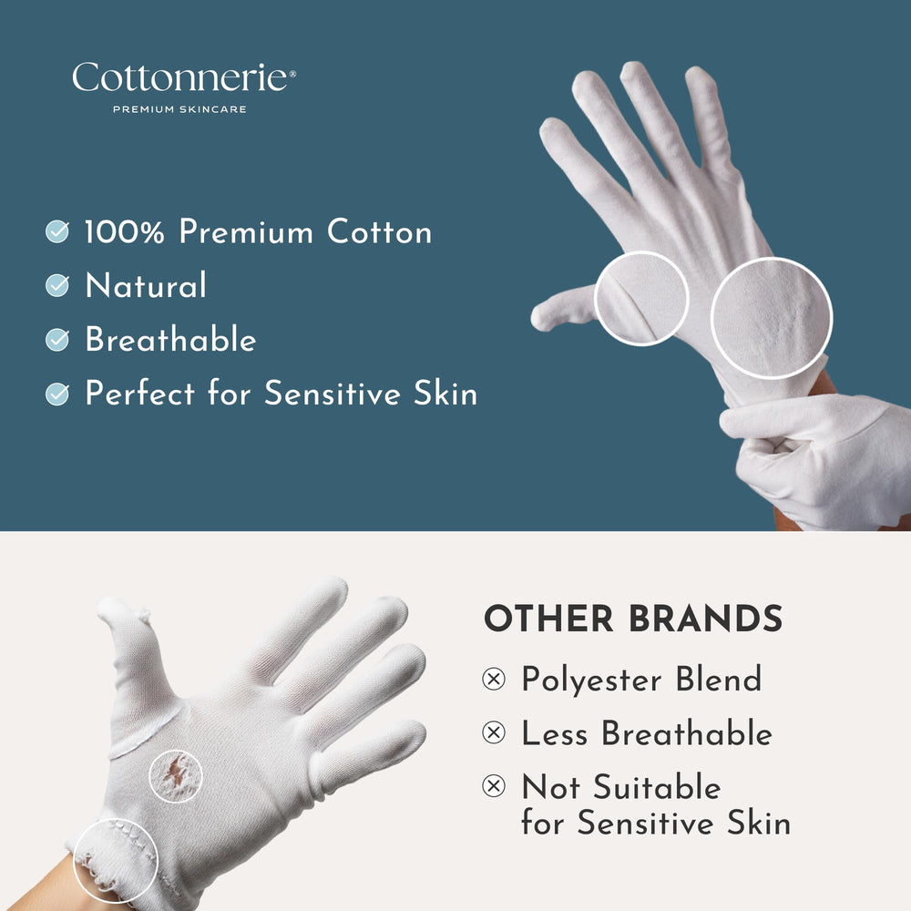 Cottonnerie gloves elastic wristband demonstrates secure, comfortable all-night wear.