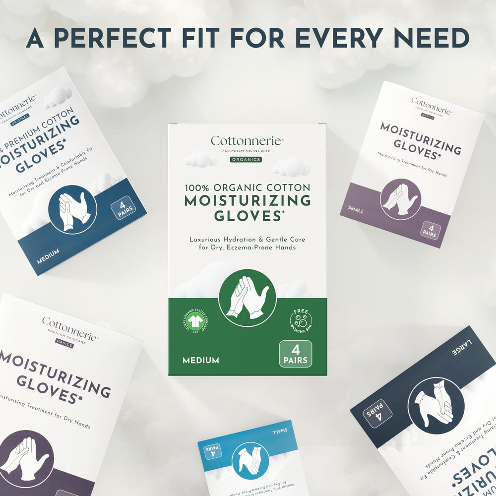 Cottonnerie gloves moisturizer application illustrates applying lotion before bed.