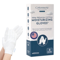 COTTONNERIE gloves demonstrate overnight moisture lock for dry hands.