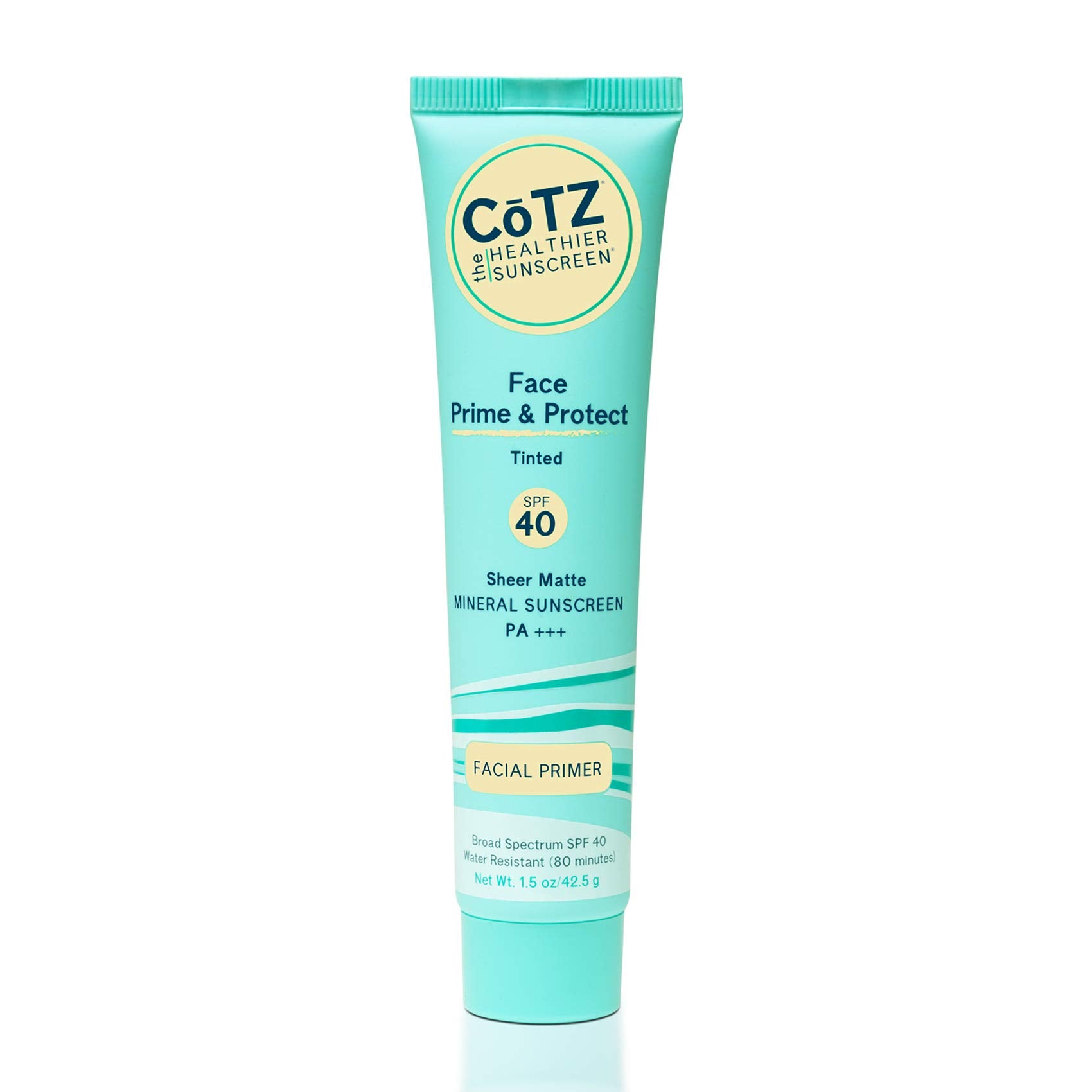 CoTZ Face Prime & Protect tinted mineral sunscreen tube closeup shows weightless matte finish