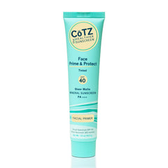CoTZ Face Prime & Protect tinted mineral sunscreen tube closeup shows weightless matte finish