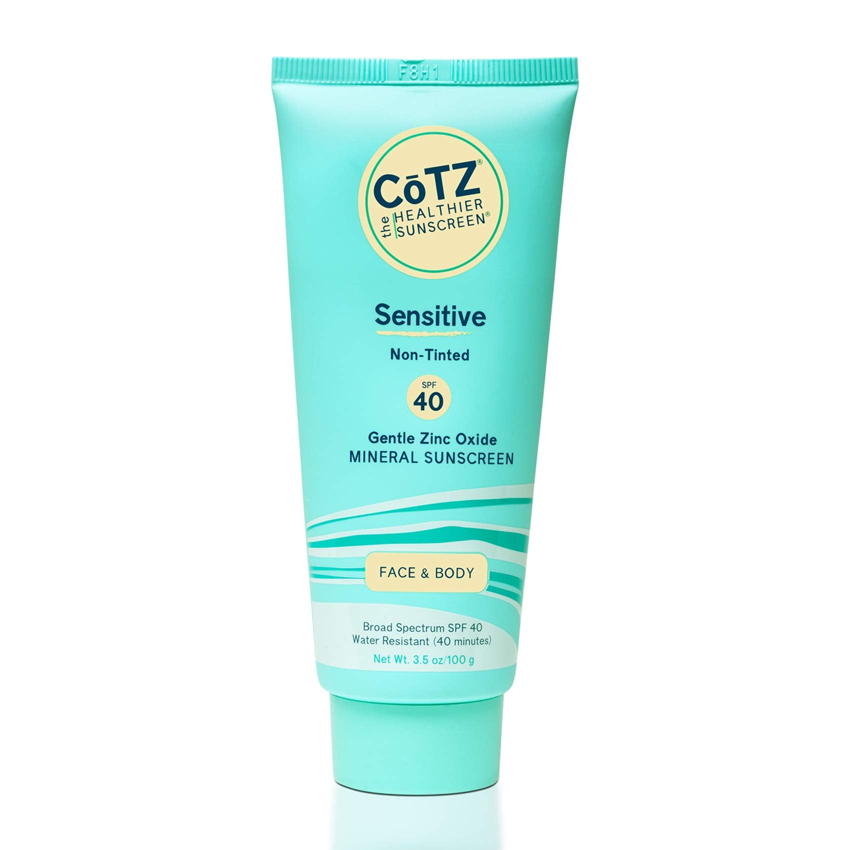CōTZ Sensitive mineral sunscreen bottle front with SPF 40 for face and body