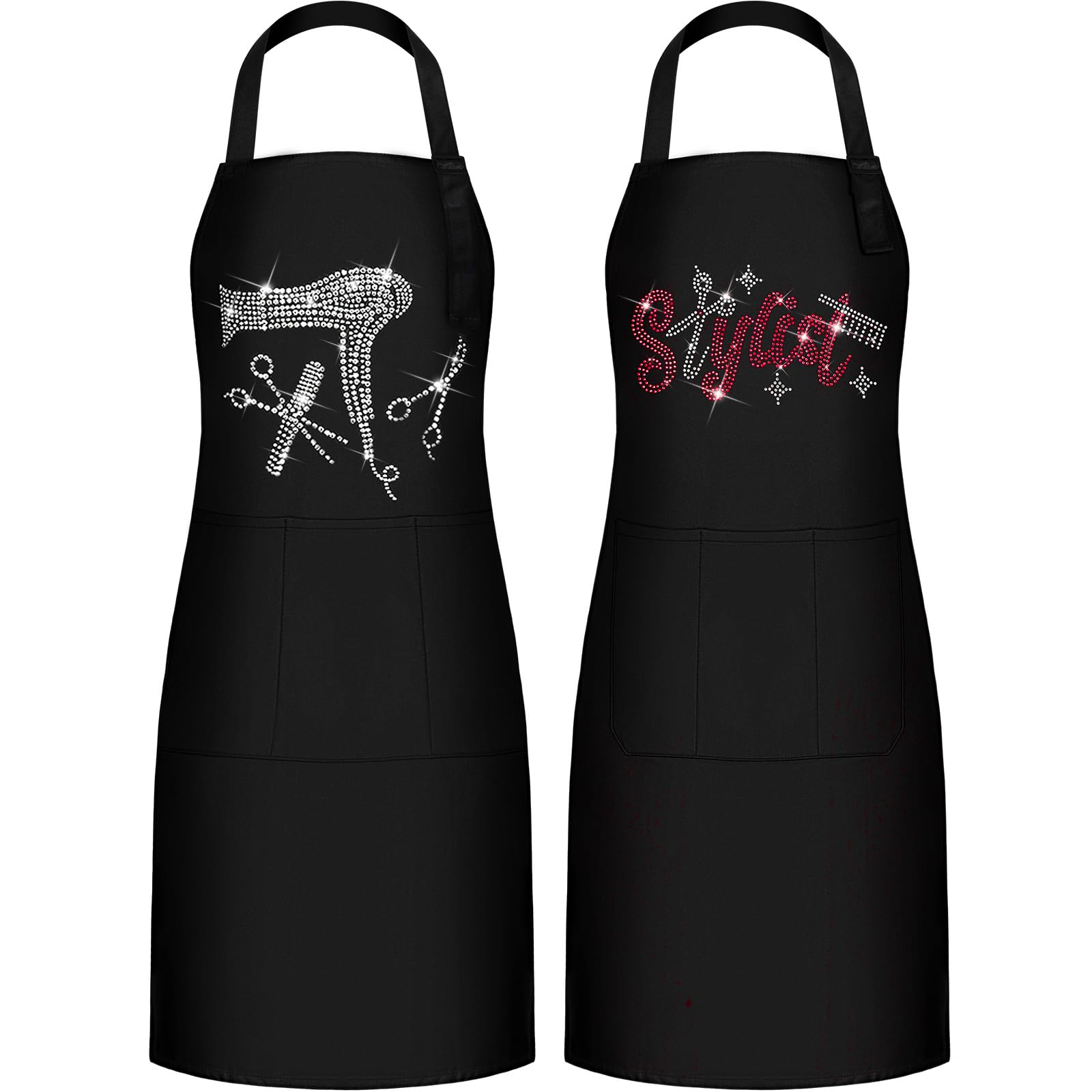 Coume rose-red hair stylist apron front view with rhinestones for stylish salon wear.
