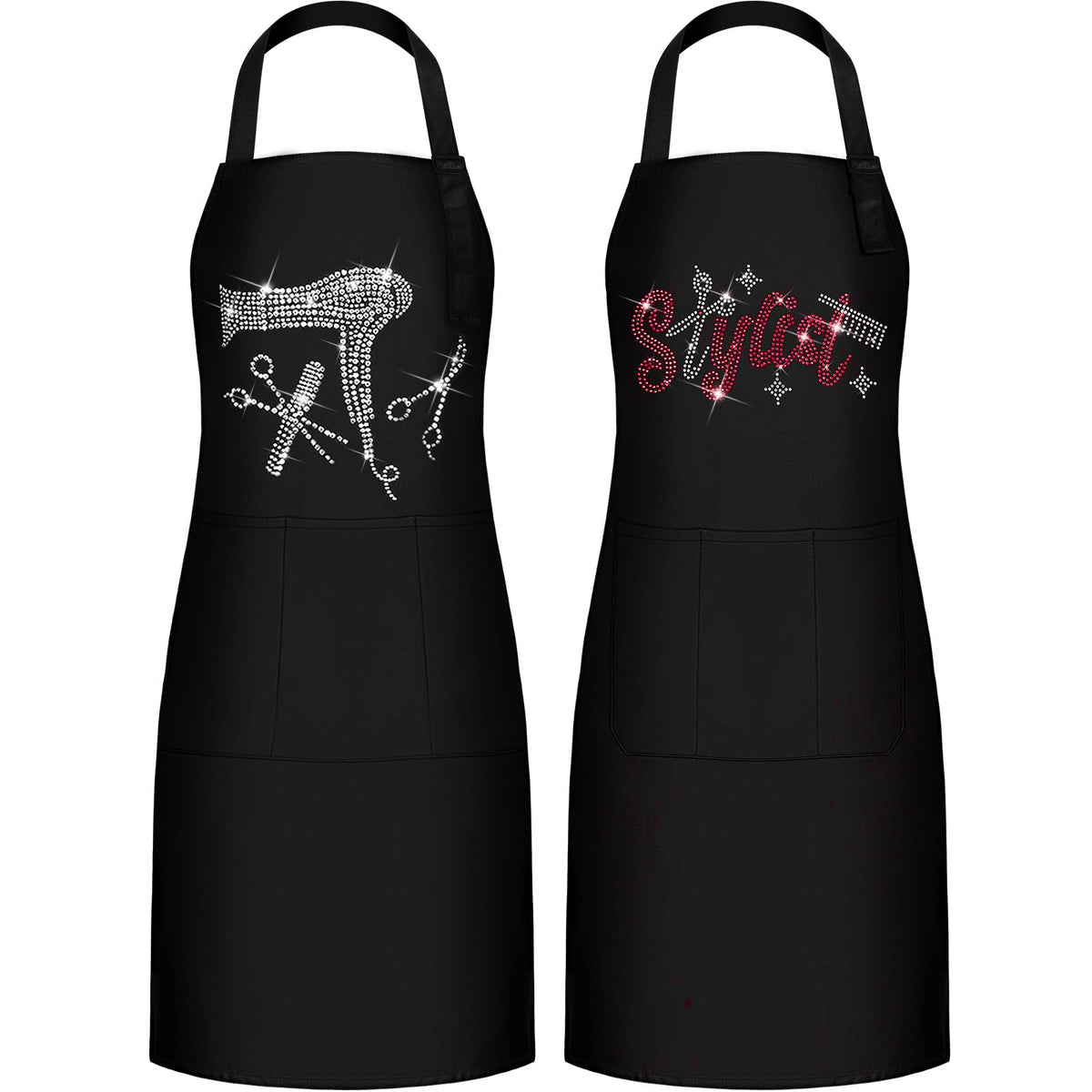 Coume rose-red hair stylist apron front view with rhinestones for stylish salon wear.
