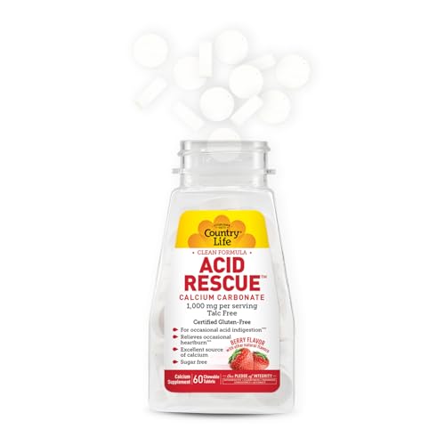 Country Life Acid Rescue chewable tablet close-up highlights calcium and magnesium for bone support.