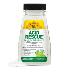 Country Life Acid Rescue bottle front shows mint chewables for heartburn relief