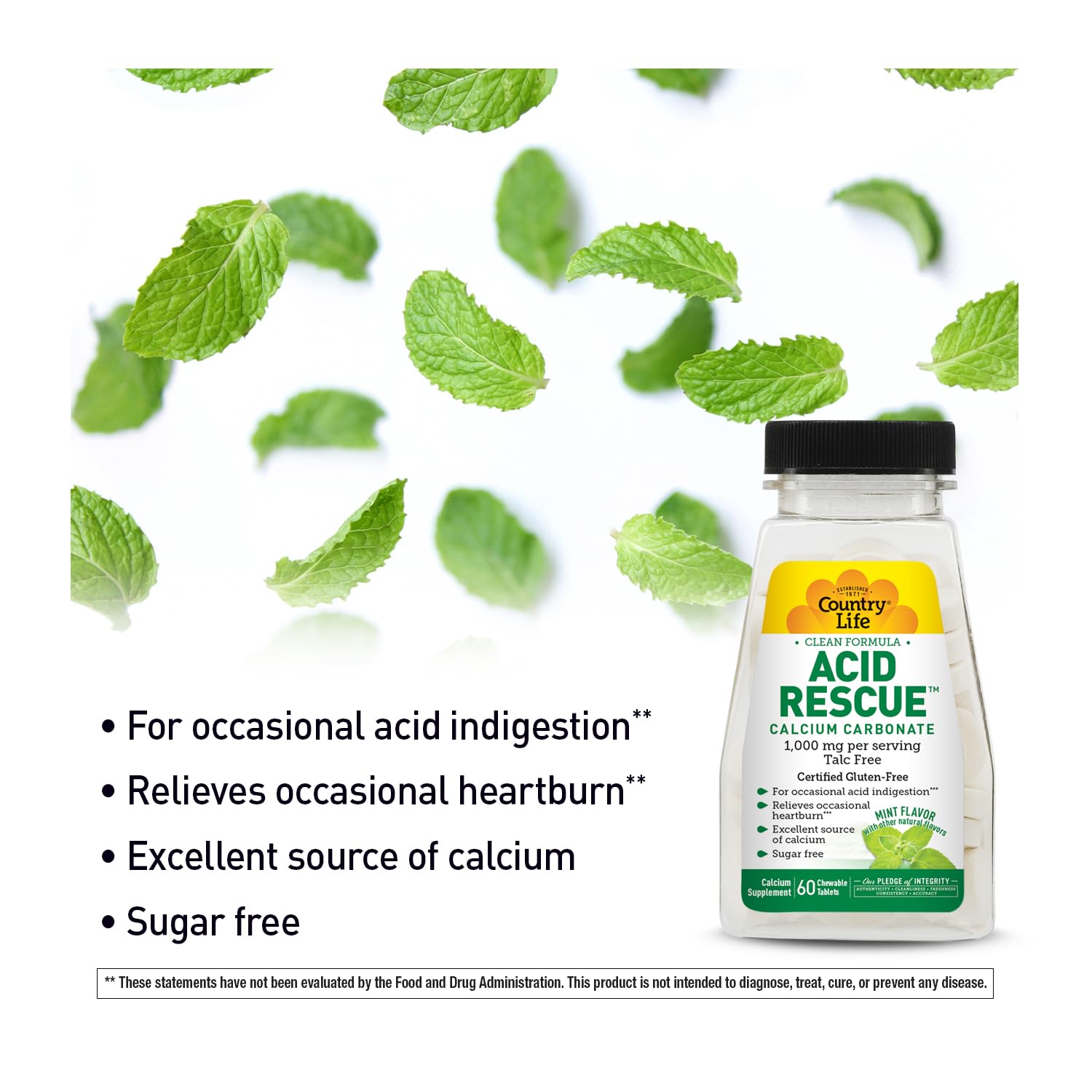 Country Life Acid Rescue chewable tablets dispensing scene shows quick relief on demand.