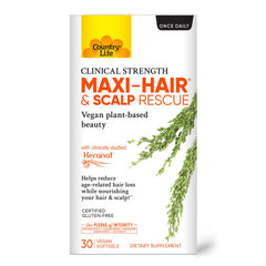 Country Life Maxi-Hair bottle close-up highlights a vegan, gluten-free hair support supplement.