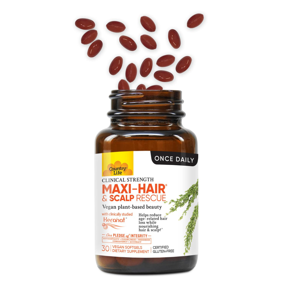 Country Life Maxi-Hair capsules in a glass bottle ready for daily scalp care.