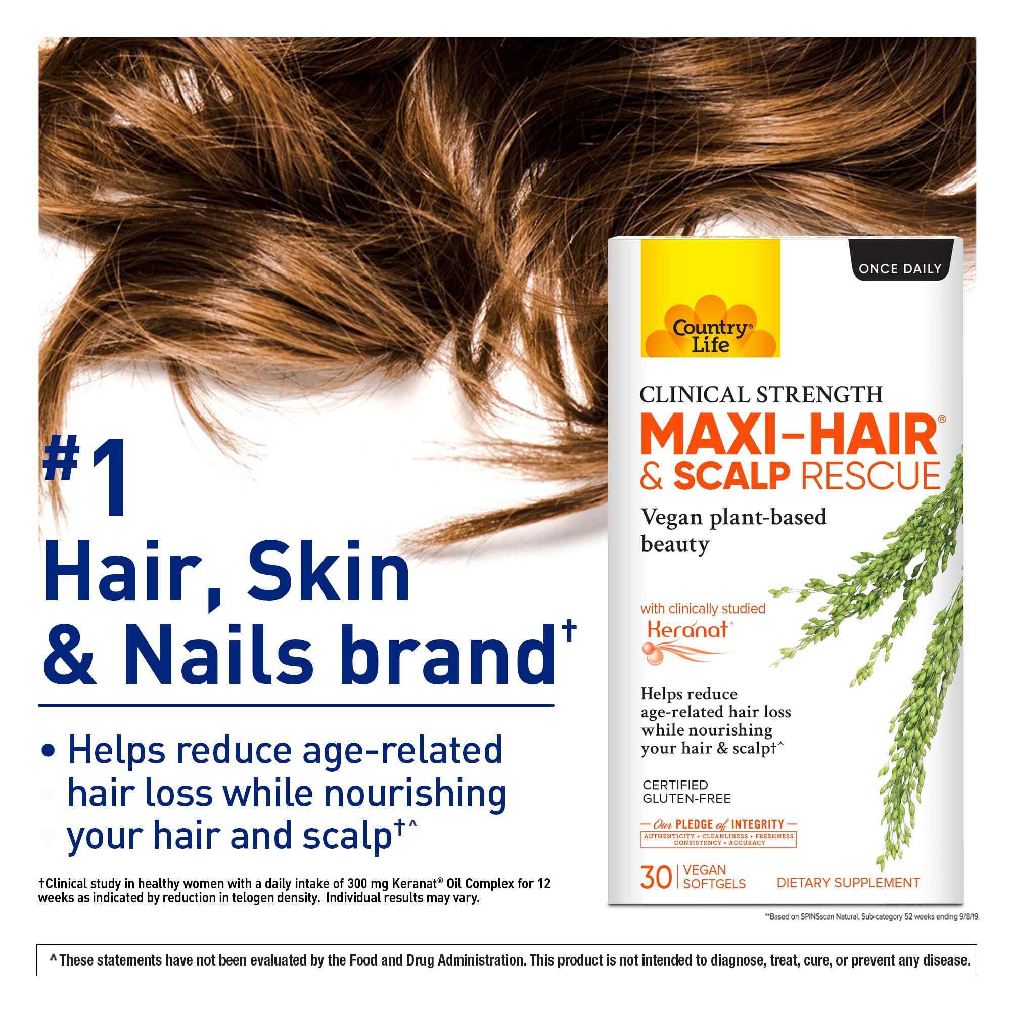 Country Life Maxi-Hair label highlights vegan and gluten-free clean-label formula.