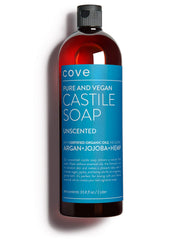 Cove Castile Soap Unscented bottle highlights gentle, plant-based cleansing for sensitive skin.