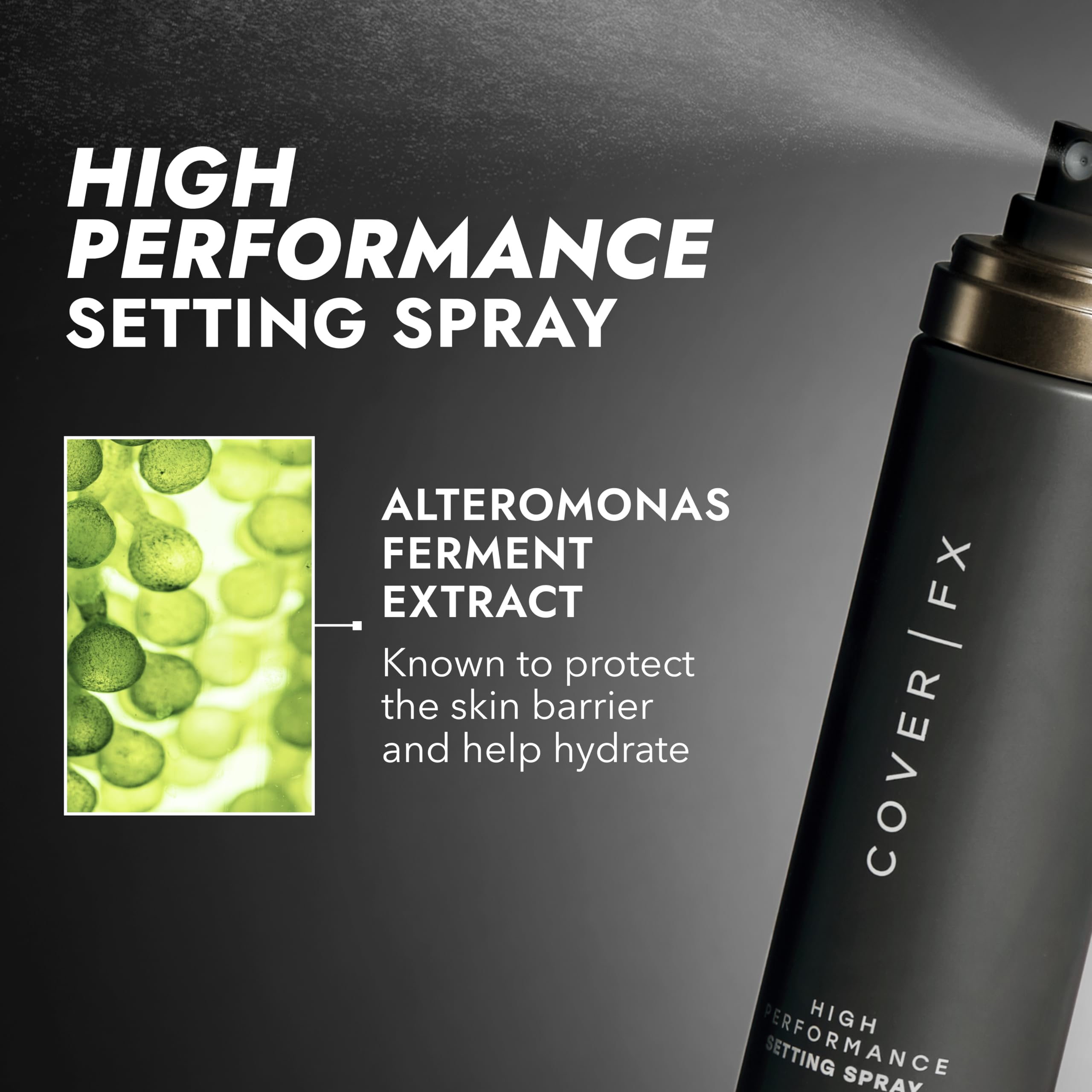 Cover FX setting spray on makeup sponge suggests enhanced blending and longevity.