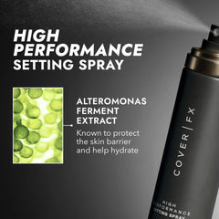Cover FX setting spray on makeup sponge suggests enhanced blending and longevity.