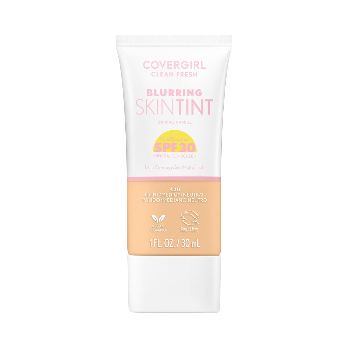 COVERGIRL Clean Fresh Blurring Skin Tint bottle front shows lightweight, buildable coverage
